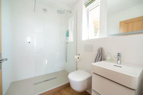 ein weißes Bad mit einem WC und einem Waschbecken in der Unterkunft 2 Beach Way House in Lyme Regis