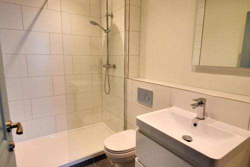 ein Bad mit einer Dusche, einem WC und einem Waschbecken in der Unterkunft Avocet in Lyme Regis