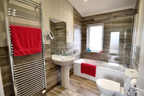 Hazelwood 4 Pinewood Retreat في ليم ريجيس: حمام مع حوض ومرحاض ودش