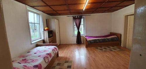 um quarto com uma cama, 2 janelas e um piso de madeira em Grünewald Haus em Dreetz