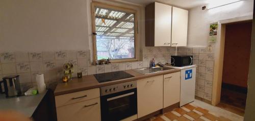 uma cozinha com armários brancos, um lavatório e uma janela em Grünewald Haus em Dreetz
