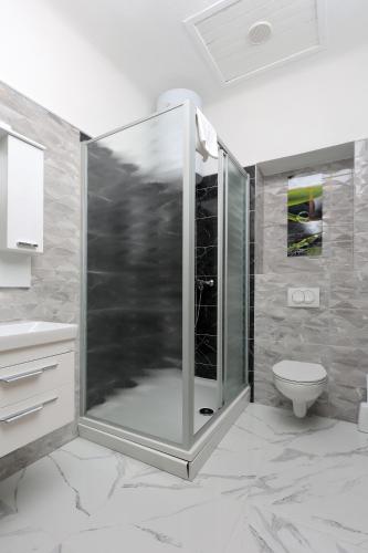 a bathroom with a shower and a toilet at Apartments Smoky in Novalja