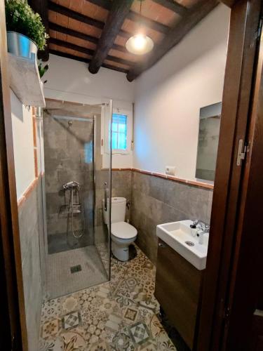 a bathroom with a shower and a toilet and a sink at Casa Almendro Rural in Guadalcanal