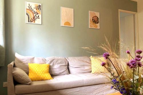 een woonkamer met een grijze bank en gele kussens bij Appartement calme et ensoleillé Montpellier in Montpellier