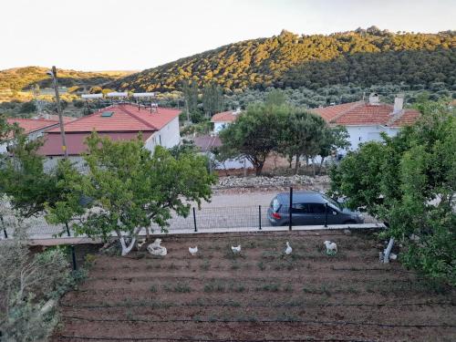 a car parked in a parking lot next to a mountain at ERAY PANSİYON in Gokceada Town