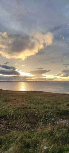 a field with the sun setting over the ocean at Happy-Cove Guesthouse - by the sea in Bakkafjörður