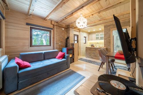 a living room with a blue couch and a television at Brvnara Ljubomir, planina Tara, Kaludjerske Bare in Kaludjerske Bare