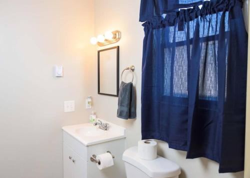 a bathroom with a toilet and a blue shower curtain at GORGEOUS Poconos Springtime by the Lake! in Henryville