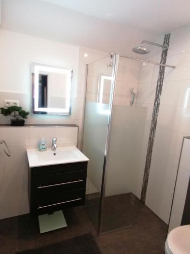 een badkamer met een wastafel en een douche bij Dohlennest, helle moderne Wohnung für 4 Personen in Mülheim an der Ruhr