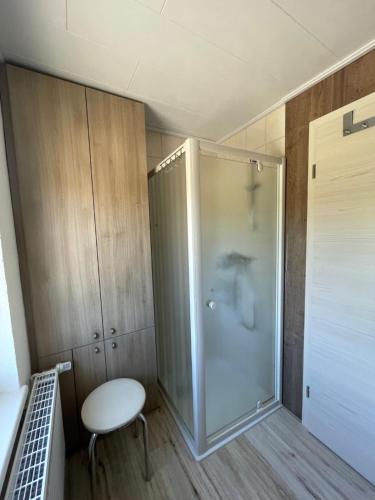 a shower in a room with a stool and a chair at Ferienwohnung Holzwurm in Wienrode