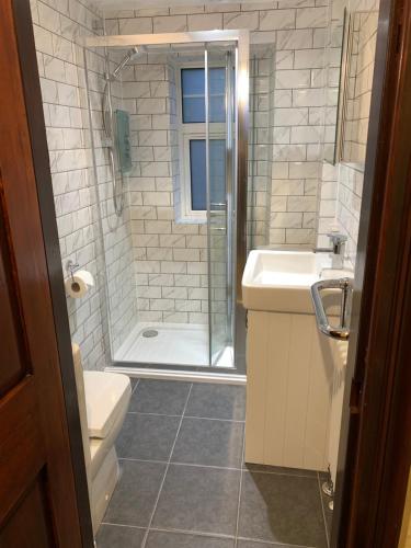 a bathroom with a shower and a toilet and a sink at Dunivaig B&B in Tarbert