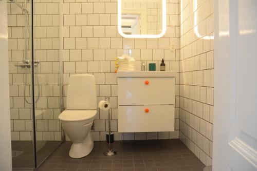 a bathroom with a toilet and a glass shower at Grevlunda skola in Vitaby