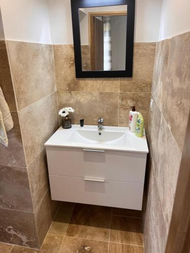 een badkamer met een witte wastafel en een spiegel bij Castagnu in Santo-Pietro-di-Tenda