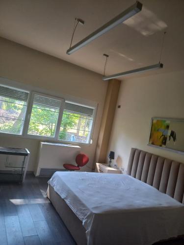 a bedroom with a bed and a desk and windows at Holiday Home for Tourist in Golem