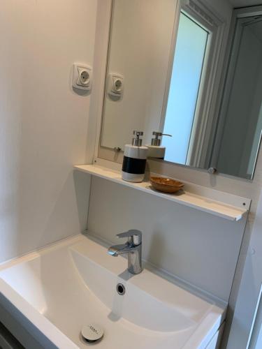 La salle de bains est pourvue d'un lavabo et d'un miroir. dans l'établissement Chalet Max II, à Helming