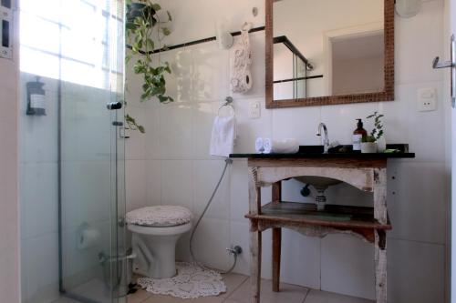 a bathroom with a sink and a toilet and a mirror at Hospedagem Fazenda Nova América in Brotas