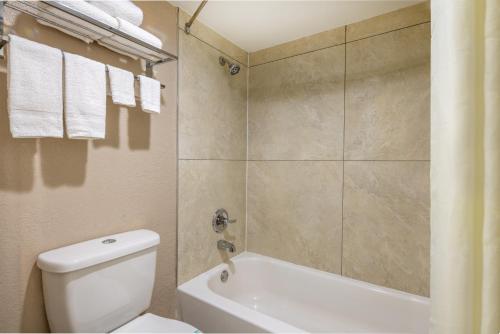 a bathroom with a white toilet and a shower at Super 8 by Wyndham McDonough GA in McDonough