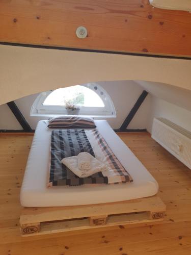 a bed in a room with a window at Hotel, Ferienwohnung, Zimmer in Bad Driburg