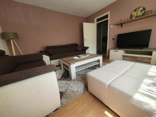 a living room with a couch and a table at Stan u centru Prnjavor in Prnjavor