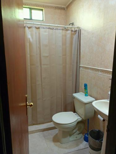 a bathroom with a toilet and a shower and a sink at casita de lola in Ciudad Valles