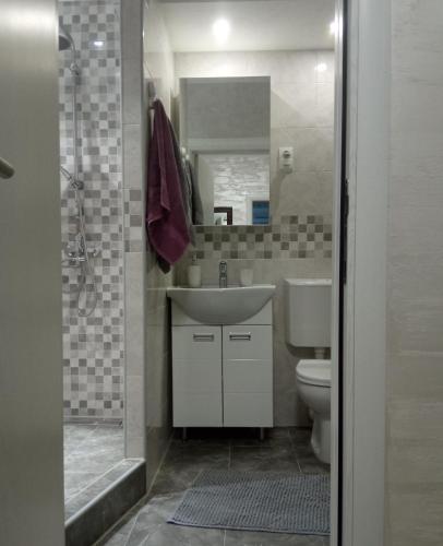 a bathroom with a sink and a toilet and a mirror at VEMIUR in Čačak