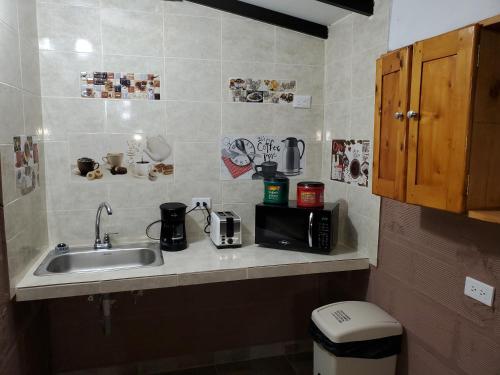 eine Küchentheke mit einer Spüle und einer Mikrowelle in der Unterkunft CASA FINCA RANCHO APPALOOSA Vereda TIERRA LINDA Finca # 3 in Urrao