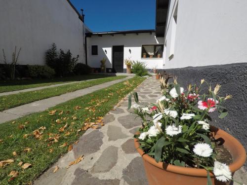 a group of flowers in pots next to a building at Departamento Los Inmigrantes in Esquel