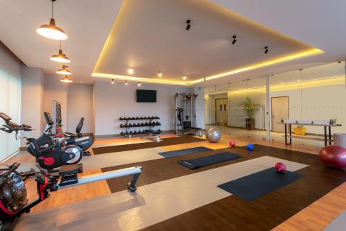 a gym with a lot of exercise equipment in a room at Hyatt Centric San Salvador in San Salvador