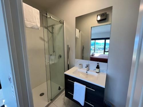 a bathroom with a sink and a shower with a mirror at Starry Vista-Alpha in Lake Tekapo