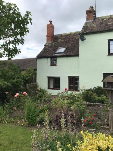 a white house with a garden in front of it at Cosy cottage in rural Culmington, Ludlow in Culmington