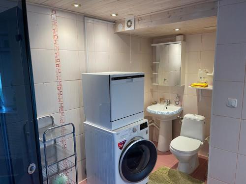 W łazience znajduje się pralka i umywalka. w obiekcie puhkemajake w mieście Rõuge