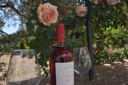 a bottle of wine next to two wine glasses at Masseria Giulio in Francavilla Fontana
