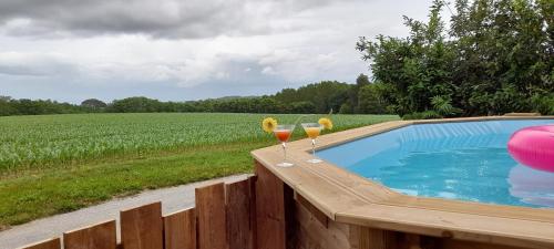 zwei Weingläser auf einer Terrasse neben einem Pool in der Unterkunft L'Échappée du Merlou in Laurède