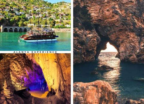 two pictures of a boat in the water and a cave at Via Mar Residence - Alanya Experience in Alanya