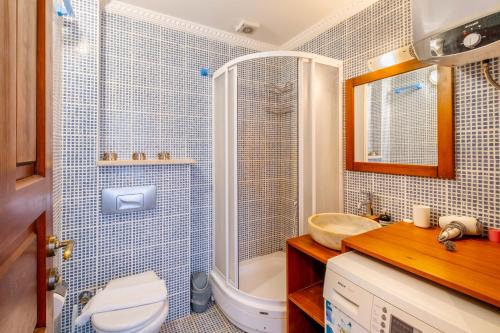 un bagno con doccia, WC e lavandino di Kybele Sea view a Kaş