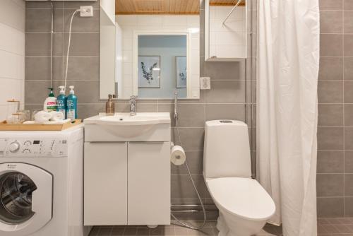 a bathroom with a toilet sink and a washing machine at Arctic Penthouse City Suite in Rovaniemi