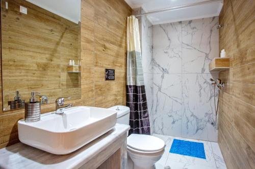 a bathroom with a sink and a toilet and a shower at RENT HOUSE ANEMOS in Iraklitsa