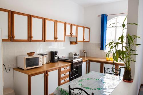 eine kleine Küche mit einer Mikrowelle und einem Tisch in der Unterkunft The Impala Mauritius Bed & Breakfast in Trou aux Biches