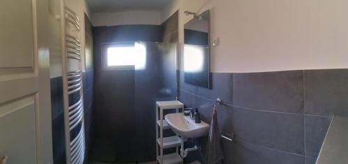 a bathroom with a sink and a mirror and a sink at Podlovics Tanya Panzió in Kemecse
