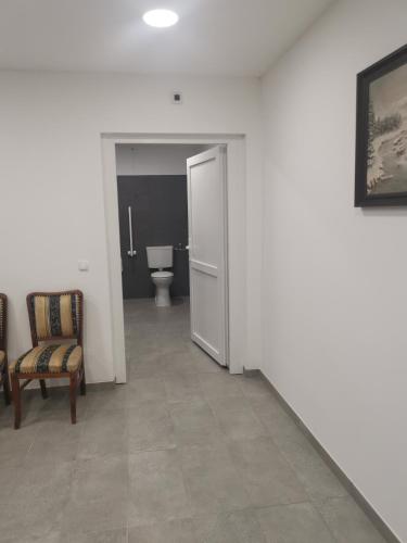 a hallway with a toilet and a chair in a room at Podlovics Tanya Panzió in Kemecse