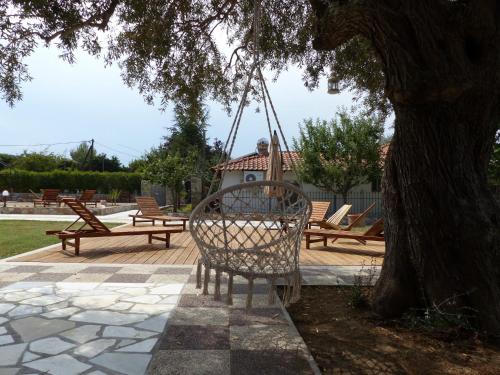 a swing hanging from a tree in a yard at Makis Nest Apart-Hotel in Vourvourou
