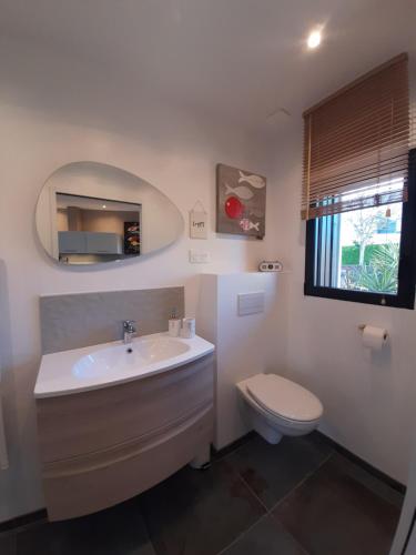 a bathroom with a sink and a toilet and a mirror at Le Cottage du Bois Flotté in Saint Malo