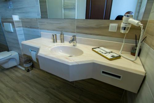 a bathroom with a sink and a mirror at La Conacul Vesel Săpânța in Săpînţa