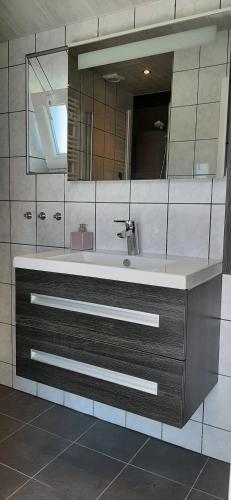 a bathroom with a sink and a mirror at 't Bûtefjild in De Broek