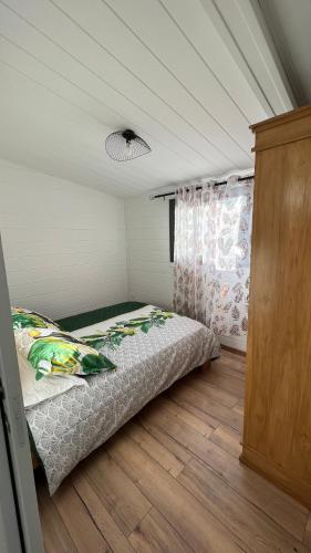 ein Schlafzimmer mit einem Bett in einem Zimmer mit einem Fenster in der Unterkunft LA KAZ A CHOUTE in Saint-Louis
