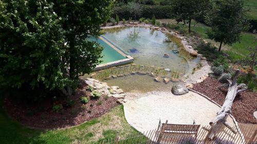 an aerial view of a swimming pool in a garden at Blockstube in Rammenau