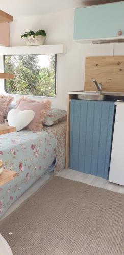 a small bedroom with a sink and a bed at Le Cocon in Vézénobres