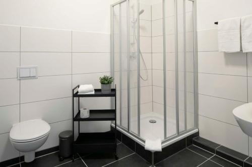 a bathroom with a shower and a toilet and a sink at Weberhof Ferienapartments in Rostrup am Westufer des Zwischenahner Meers in Bad Zwischenahn