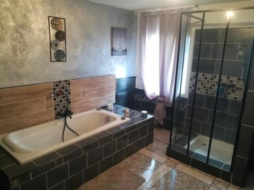 a bathroom with a tub and a glass shower at Au Monde de Maëlle in Saint-Hippolyte