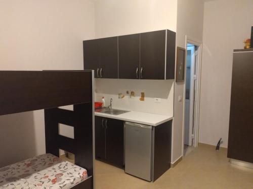 a kitchen with black cabinets and a white sink at Xuxi Apartments in Lukovë